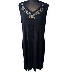 LA Cera Rayon vneck Black Sun Dress with Pockets Floral large